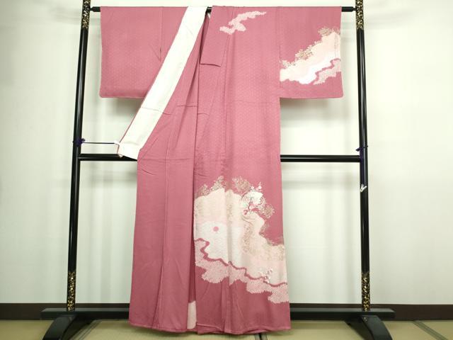平和屋着物▽訪問着　単衣　絞り　刺繍　檜扇花文　金銀彩　正絹　逸品　DAAW9381sf