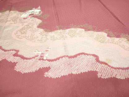 平和屋着物▽訪問着　単衣　絞り　刺繍　檜扇花文　金銀彩　正絹　逸品　DAAW9381sf