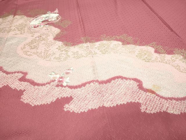 平和屋着物▽訪問着　単衣　絞り　刺繍　檜扇花文　金銀彩　正絹　逸品　DAAW9381sf