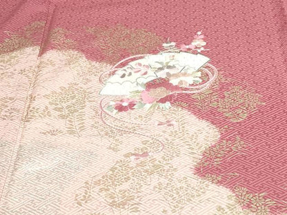 平和屋着物▽訪問着　単衣　絞り　刺繍　檜扇花文　金銀彩　正絹　逸品　DAAW9381sf