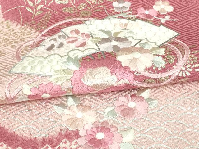 平和屋着物▽訪問着　単衣　絞り　刺繍　檜扇花文　金銀彩　正絹　逸品　DAAW9381sf