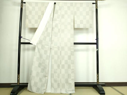 平和屋着物▽本塩沢 単衣 110亀甲 市松文様 正絹 逸品 DAAW9385sf