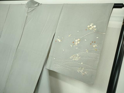 平和屋着物▽訪問着 単衣 駒刺繍 枝花文 金彩 正絹 逸品 DAAW9391sf