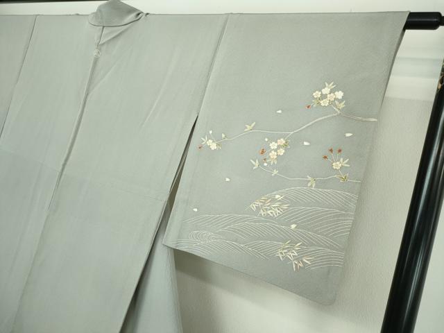 平和屋着物▽訪問着 単衣 駒刺繍 枝花文 金彩 正絹 逸品 DAAW9391sf