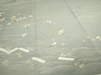平和屋着物▽訪問着 単衣 駒刺繍 枝花文 金彩 正絹 逸品 DAAW9391sf
