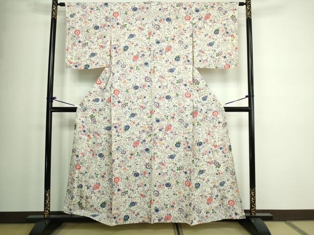 平和屋着物▽上質な小紋 単衣 型染め 草花文 正絹 逸品 未使用 DAAW9411sf