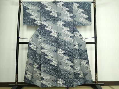 平和屋着物▽上質な小紋 単衣 藍 型染め 花唐草文 正絹 逸品 DAAW9428sf