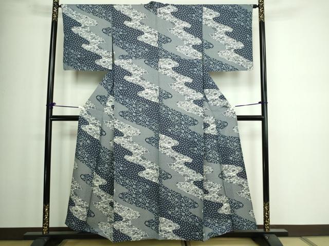 平和屋着物▽上質な小紋 単衣 藍 型染め 花唐草文 正絹 逸品 DAAW9428sf