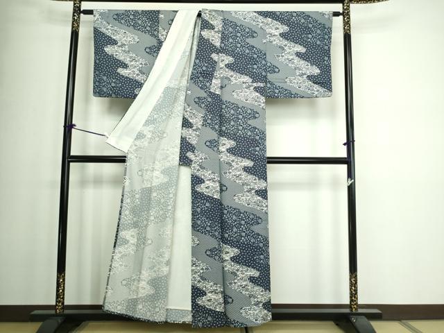 平和屋着物▽上質な小紋 単衣 藍 型染め 花唐草文 正絹 逸品 DAAW9428sf