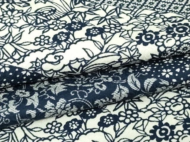 平和屋着物▽上質な小紋 単衣 藍 型染め 花唐草文 正絹 逸品 DAAW9428sf