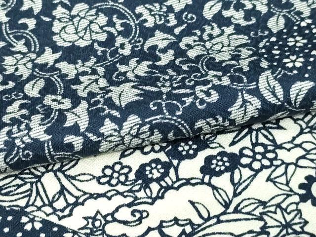 平和屋着物▽上質な小紋 単衣 藍 型染め 花唐草文 正絹 逸品 DAAW9428sf