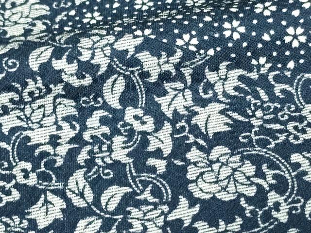 平和屋着物▽上質な小紋 単衣 藍 型染め 花唐草文 正絹 逸品 DAAW9428sf
