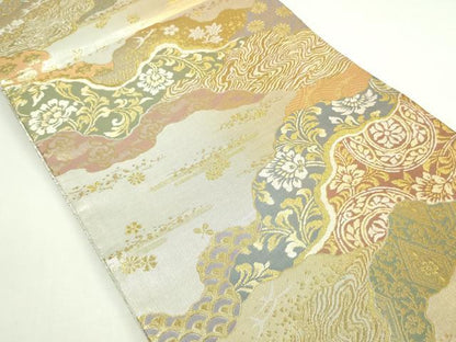 平和屋着物▼六通柄袋帯　更紗花文　金糸　正絹　逸品　DAAW9457sf