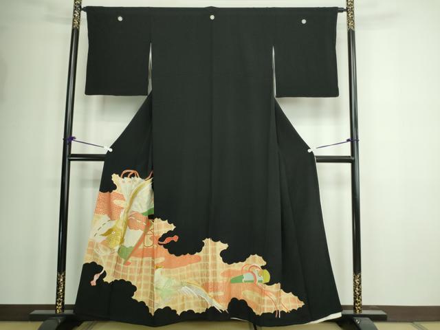 平和屋着物■豪華黒留袖　刺繍　檜扇尾長鳥花文　金銀彩　正絹　逸品　DAAW9573sf