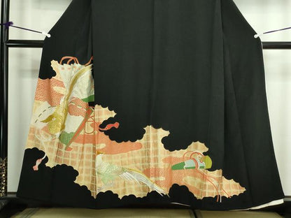 平和屋着物■豪華黒留袖　刺繍　檜扇尾長鳥花文　金銀彩　正絹　逸品　DAAW9573sf