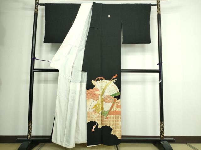 平和屋着物■豪華黒留袖　刺繍　檜扇尾長鳥花文　金銀彩　正絹　逸品　DAAW9573sf