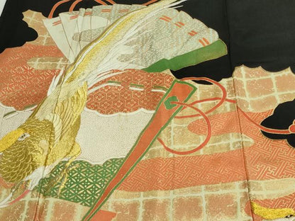 平和屋着物■豪華黒留袖　刺繍　檜扇尾長鳥花文　金銀彩　正絹　逸品　DAAW9573sf