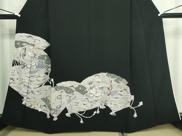 平和屋着物■豪華黒留袖　檜扇孔雀花文　金彩　正絹　逸品　DAAW9576sf