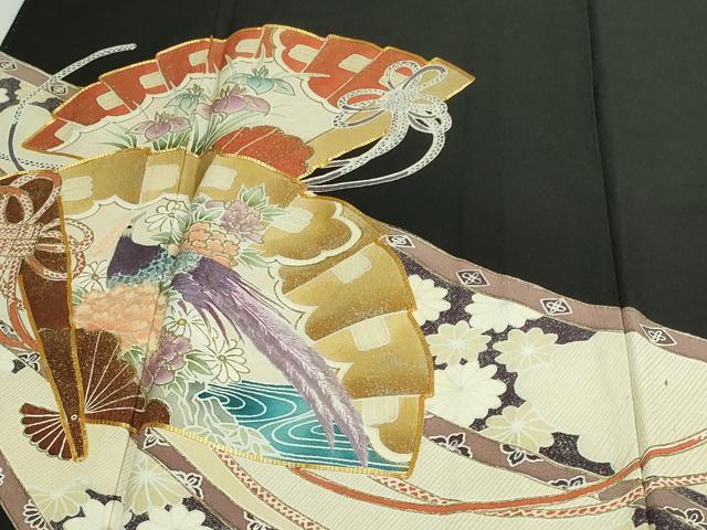 平和屋着物■豪華黒留袖　駒刺繍　檜扇孔雀花文　金彩　正絹　逸品　DAAW9613sf