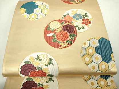 平和屋着物◎六通柄袋帯　唐織　草花丸文　金銀糸　正絹　逸品　DAAW9824sf