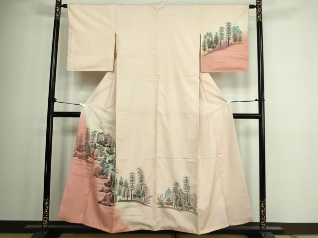 平和屋着物■訪問着　紬地　手描き　風景樹林文　暈し染め　正絹　逸品　DAAW9919sf
