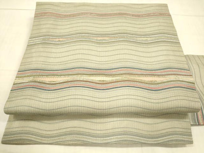 平和屋着物＊夏物 九寸名古屋帯 よろけ縞 金糸 正絹 逸品 DAAX0001cm
