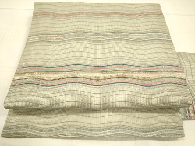 平和屋着物＊夏物 九寸名古屋帯 よろけ縞 金糸 正絹 逸品 DAAX0001cm