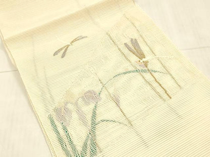 平和屋着物＊夏物 絽綴れ 八寸名古屋帯 蜻蛉杜若文 金銀糸 正絹 逸品 DAAX0008cm