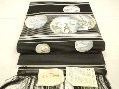 平和屋着物＊夏物 西陣 都織物謹製 絽綴れ 八寸名古屋帯 手おり櫛織 流水草花文 黒地 金銀糸 証紙付き 正絹 逸品 DAAX0010cm