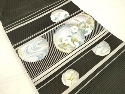 平和屋着物＊夏物 西陣 都織物謹製 絽綴れ 八寸名古屋帯 手おり櫛織 流水草花文 黒地 金銀糸 証紙付き 正絹 逸品 DAAX0010cm