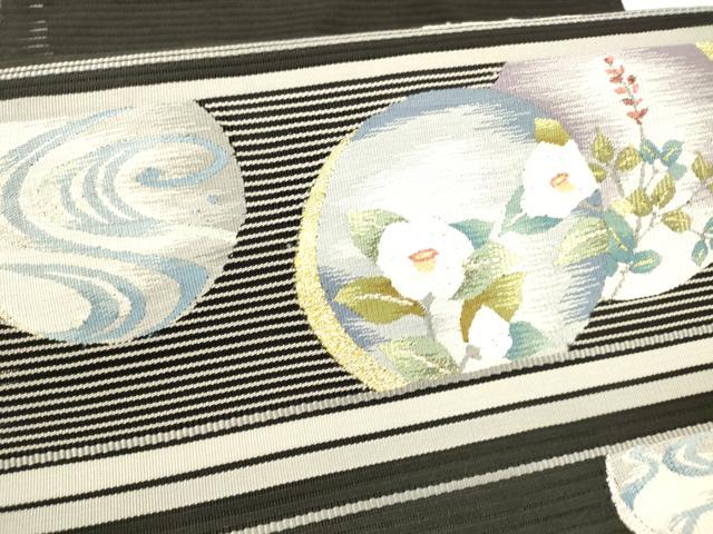 平和屋着物＊夏物 西陣 都織物謹製 絽綴れ 八寸名古屋帯 手おり櫛織 流水草花文 黒地 金銀糸 証紙付き 正絹 逸品 DAAX0010cm