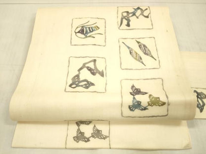 平和屋着物＊夏物　九寸名古屋帯　型絵染　抽象千鳥文　正絹　逸品　DAAX0011cm