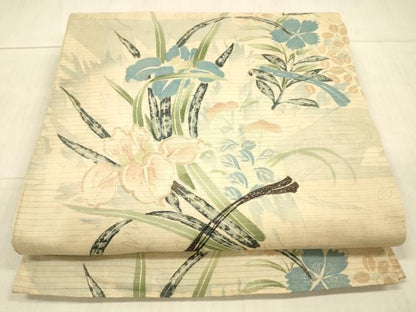 平和屋着物＊夏物 アンティーク 大正ロマン 丸帯 草花文 銀彩 正絹 逸品 DAAX0015cm