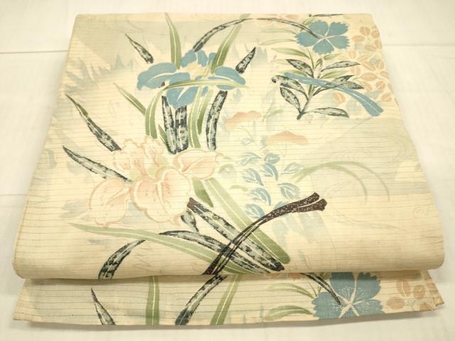 平和屋着物＊夏物 アンティーク 大正ロマン 丸帯 草花文 銀彩 正絹 逸品 DAAX0015cm