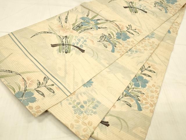 平和屋着物＊夏物 アンティーク 大正ロマン 丸帯 草花文 銀彩 正絹 逸品 DAAX0015cm