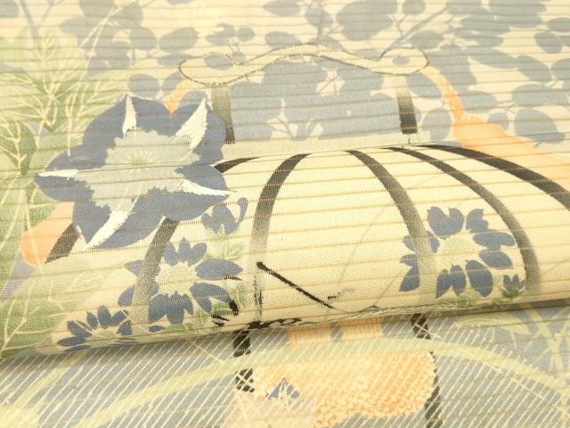 平和屋着物＊夏物 アンティーク 大正ロマン 丸帯 駒刺繍 舞扇提灯草花文 正絹 逸品 DAAX0016cm