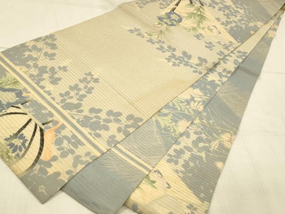 平和屋着物＊夏物 アンティーク 大正ロマン 丸帯 駒刺繍 舞扇提灯草花文 正絹 逸品 DAAX0016cm