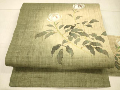 平和屋着物＊夏物 染色作家 桐山紫香 手描き 九寸名古屋帯 草花文 金糸 麻 逸品 DAAX0024cm