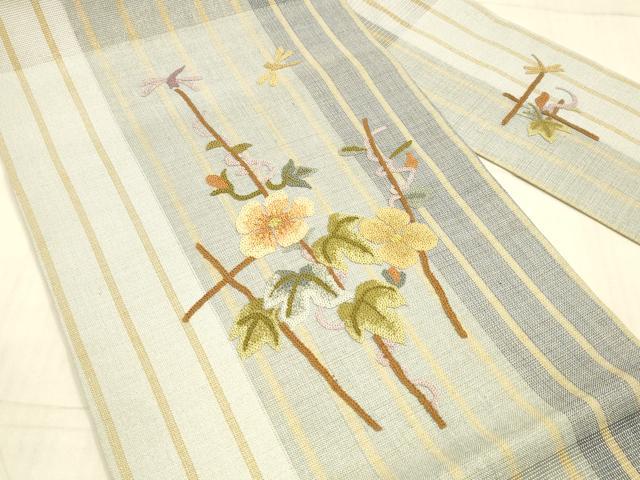 平和屋着物＊夏物 中国三大刺繍 相良刺繍 総刺繍 九寸名古屋帯 蜻蛉草花文 金糸 正絹 逸品 DAAX0026cm