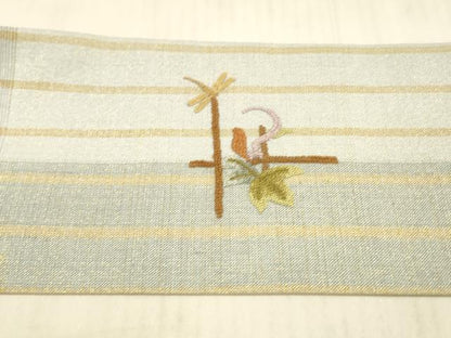 平和屋着物＊夏物 中国三大刺繍 相良刺繍 総刺繍 九寸名古屋帯 蜻蛉草花文 金糸 正絹 逸品 DAAX0026cm