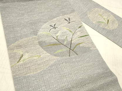 平和屋着物＊夏物 九寸名古屋帯 蜻蛉草葉文 正絹 逸品 DAAX0027cm