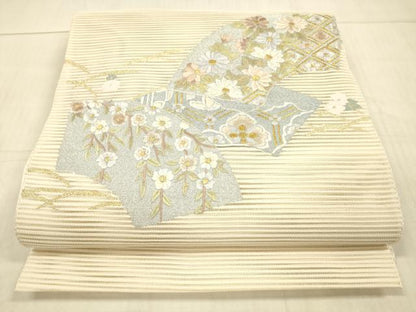 平和屋着物＊夏物 絽綴れ 八寸名古屋帯 刺繍 地紙草花文 正絹 逸品 DAAX0029cm