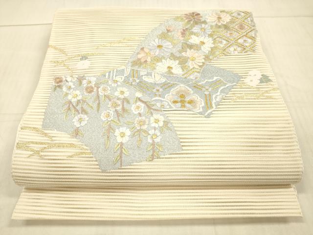平和屋着物＊夏物 絽綴れ 八寸名古屋帯 刺繍 地紙草花文 正絹 逸品 DAAX0029cm