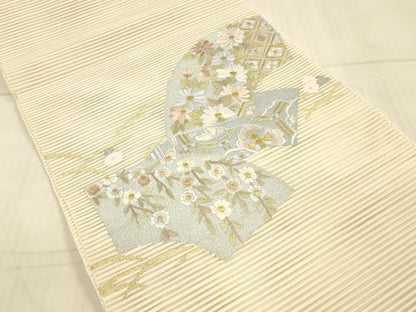 平和屋着物＊夏物 絽綴れ 八寸名古屋帯 刺繍 地紙草花文 正絹 逸品 DAAX0029cm