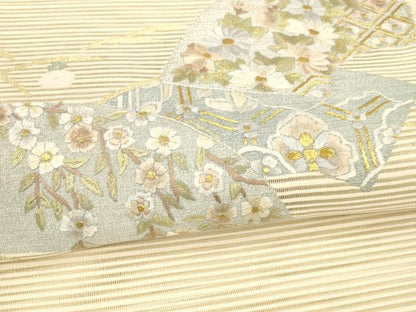 平和屋着物＊夏物 絽綴れ 八寸名古屋帯 刺繍 地紙草花文 正絹 逸品 DAAX0029cm