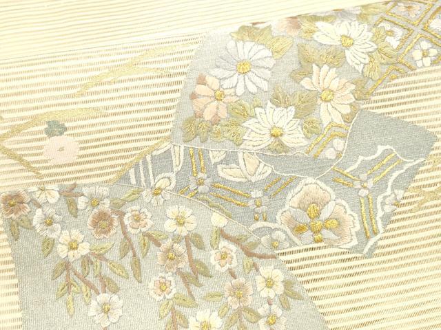 平和屋着物＊夏物 絽綴れ 八寸名古屋帯 刺繍 地紙草花文 正絹 逸品 DAAX0029cm