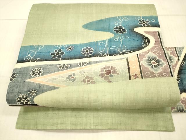 平和屋着物＊夏物 九寸名古屋帯 流水草花文 麻 逸品 DAAX0030cm