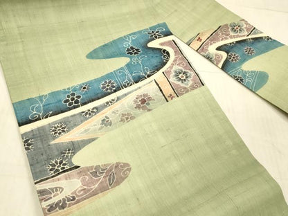 平和屋着物＊夏物 九寸名古屋帯 流水草花文 麻 逸品 DAAX0030cm