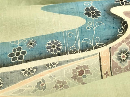 平和屋着物＊夏物 九寸名古屋帯 流水草花文 麻 逸品 DAAX0030cm