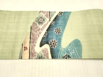 平和屋着物＊夏物 九寸名古屋帯 流水草花文 麻 逸品 DAAX0030cm